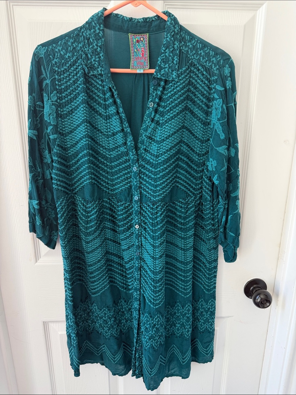 Johnny Was Teal Embroidered Button-Front Tunic